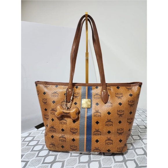MCM Handbags - Authentic MCM Visetos Dog Bone Striped Shopper Tote Bag Brown